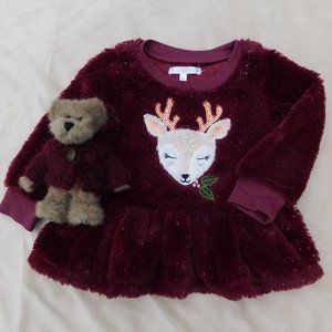 Tahari 2T Plush Peplum Faux Fur Top with Pretty Deer